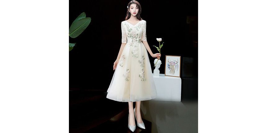 Short-Sleeve V-Neck Floral Embroidered A-Line Evening Gown