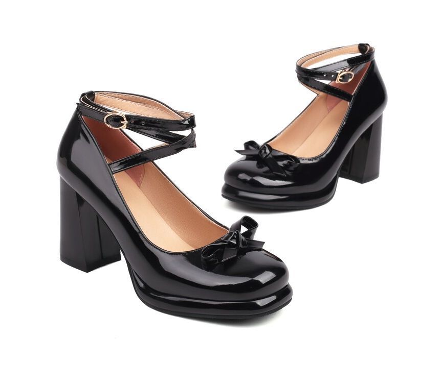 Bow Pumps Ankle Heel Platform Mary Jane Strap Chunky