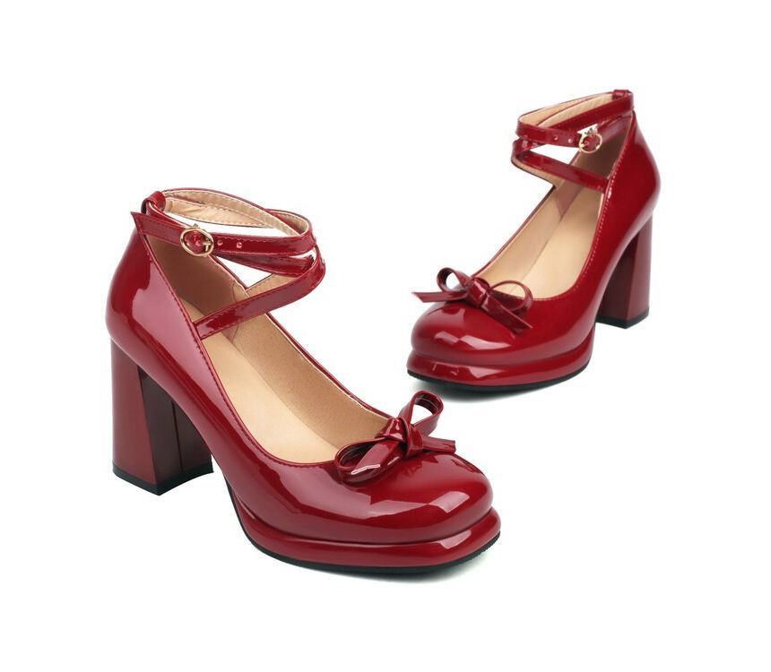 Bow Pumps Ankle Heel Platform Mary Jane Strap Chunky
