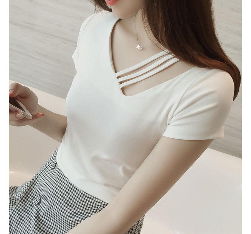 Tee Strappy Asymmetrical Short-Sleeve Plain V-Neck