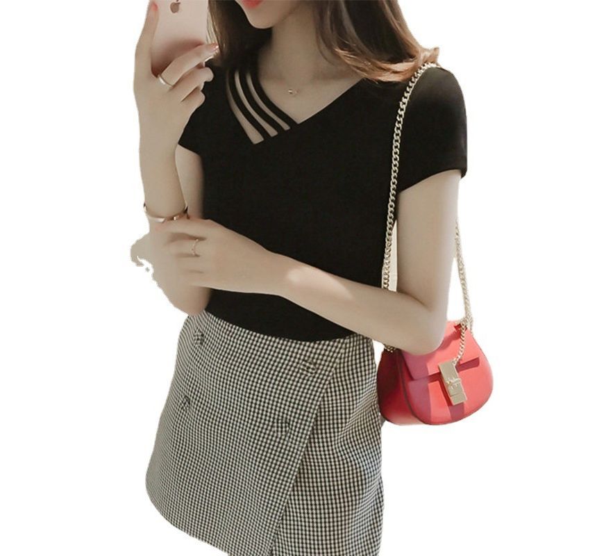 Tee Strappy Asymmetrical Short-Sleeve Plain V-Neck