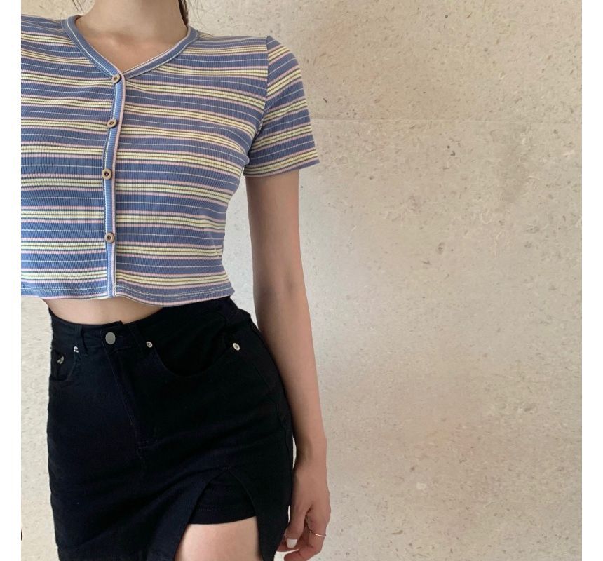 Button-Up Striped Short-Sleeve Crop V-Neck Tee