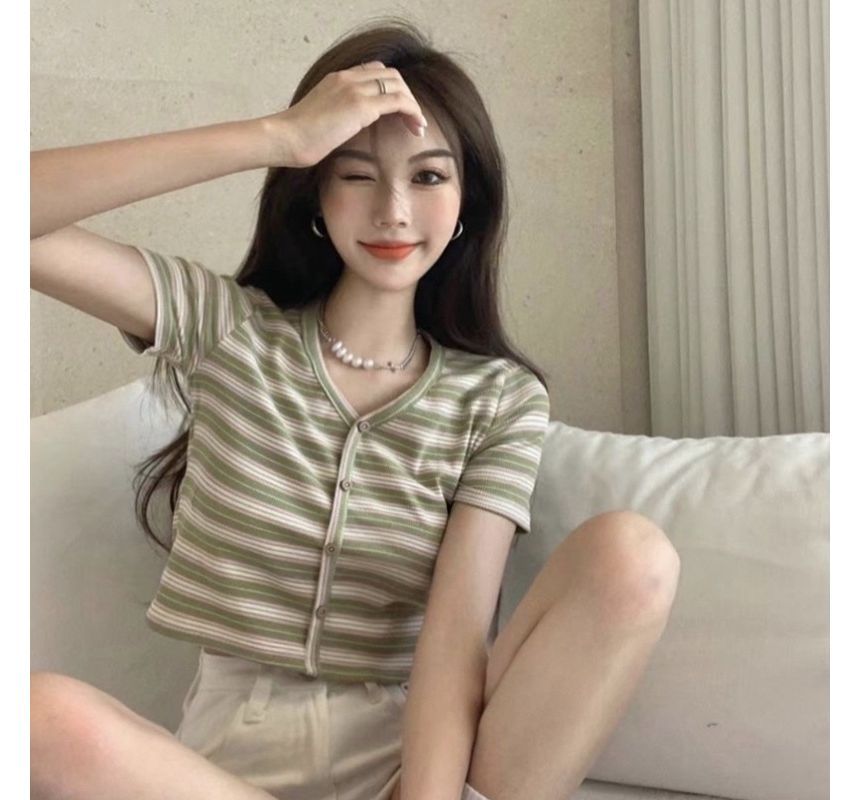 Button-Up Striped Short-Sleeve Crop V-Neck Tee