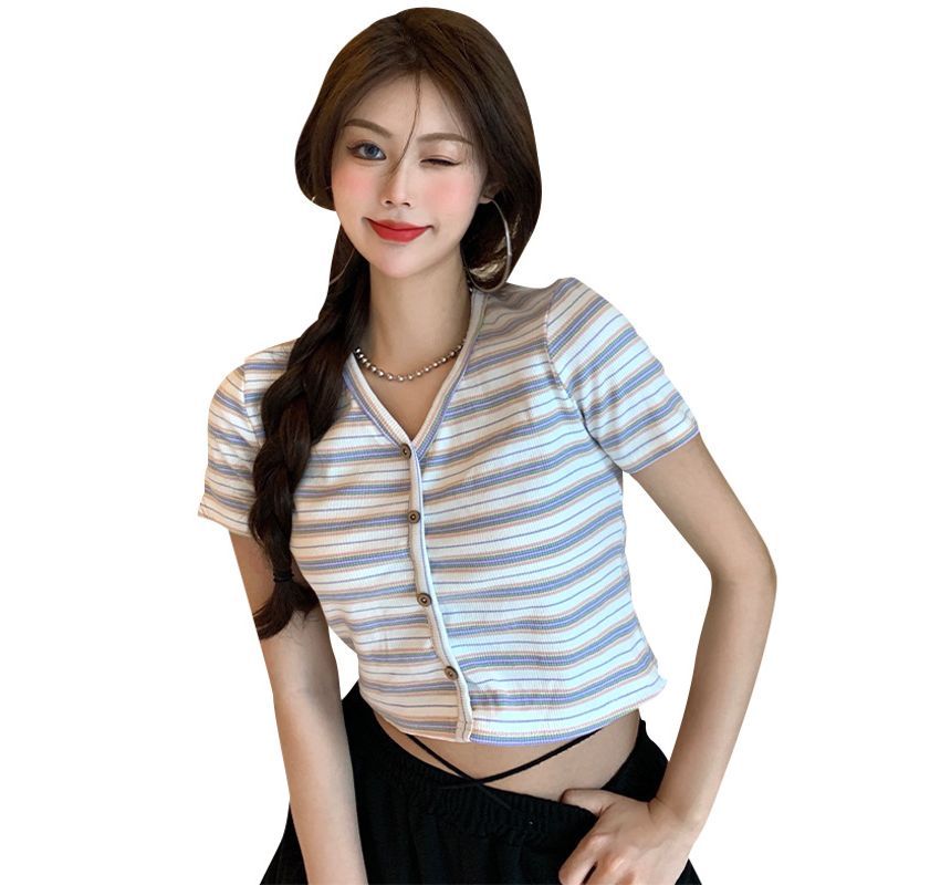 Button-Up Striped Short-Sleeve Crop V-Neck Tee