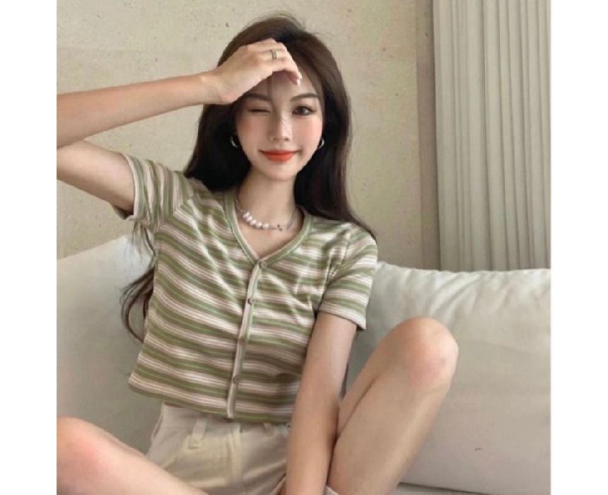 Button-Up Striped Short-Sleeve Crop V-Neck Tee