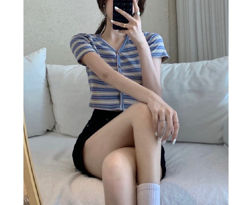 Button-Up Striped Short-Sleeve Crop V-Neck Tee