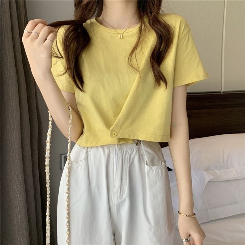 Tee Neck Round Plain Short-Sleeve Buttoned
