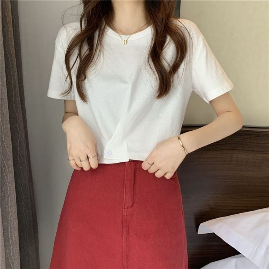 Tee Neck Round Plain Short-Sleeve Buttoned