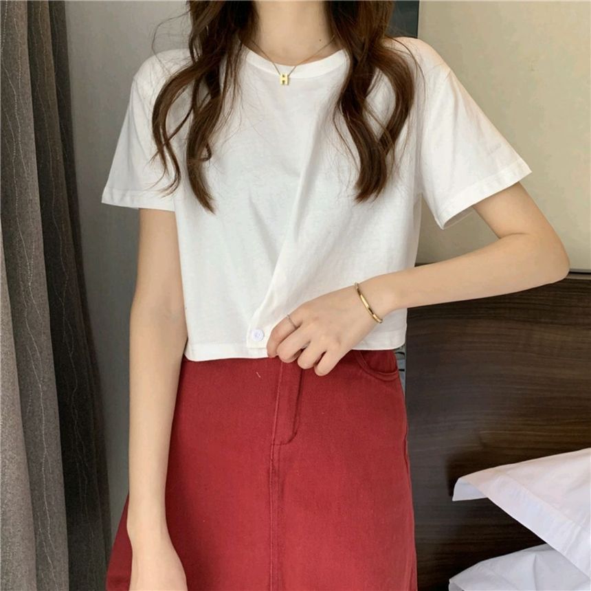 Tee Neck Round Plain Short-Sleeve Buttoned