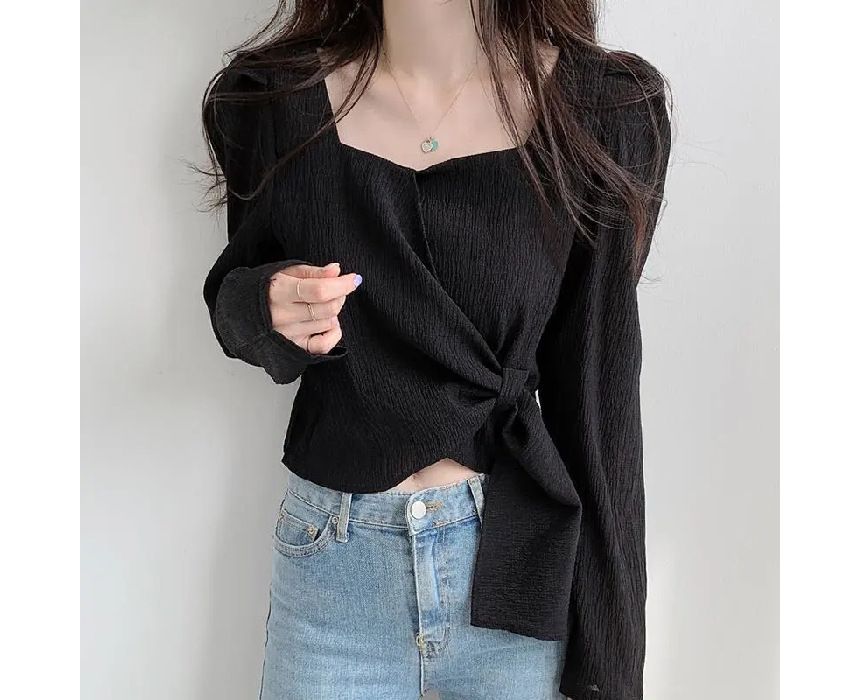 Blouse Puff-Sleeve Sweetheart-Neckline Tie-Side Plain