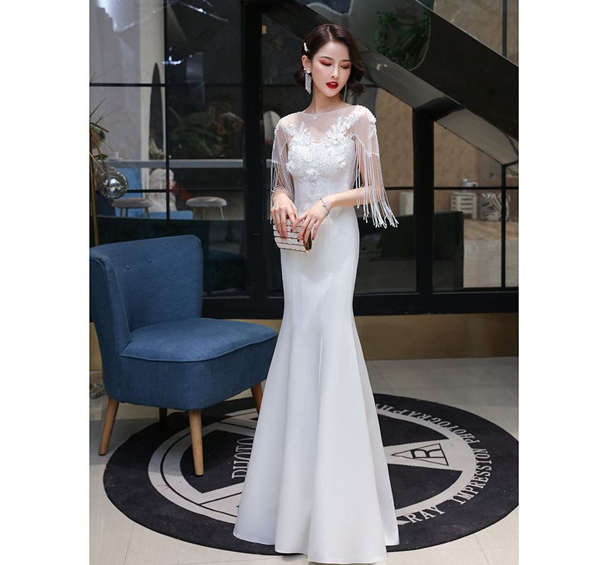 Short-Sleeve Boat Neck Plain Flower Embroidered Beaded Fringe Panel Mesh Mermaid Evening Gown