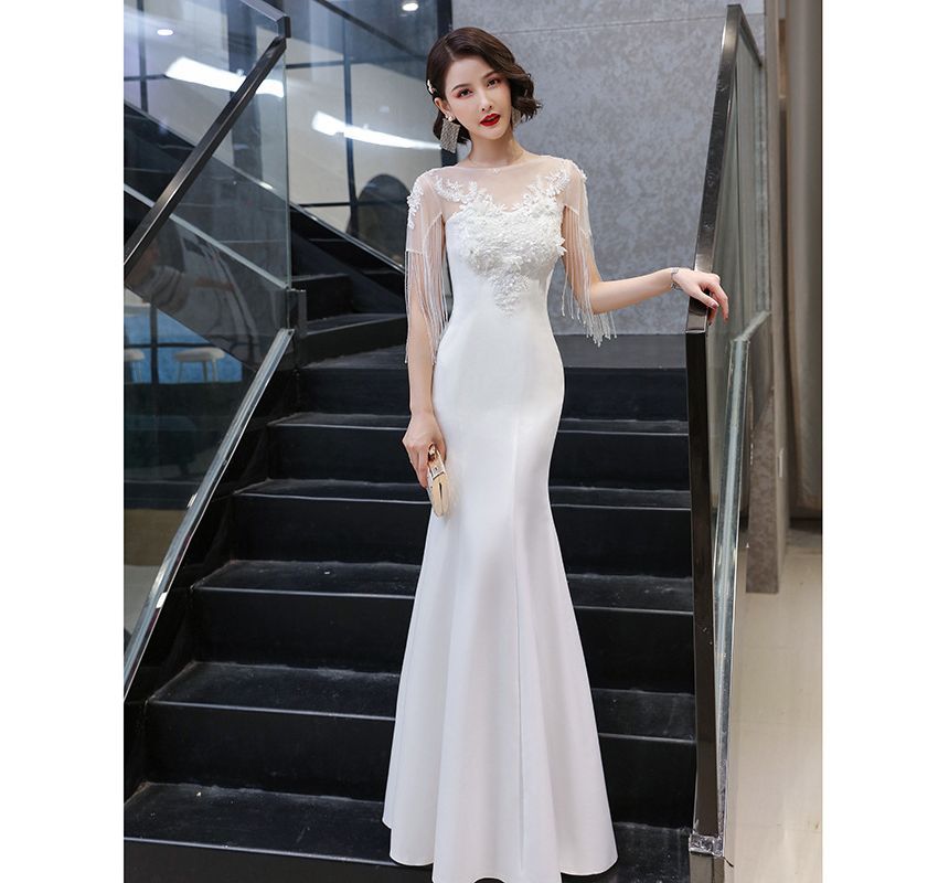 Short-Sleeve Boat Neck Plain Flower Embroidered Beaded Fringe Panel Mesh Mermaid Evening Gown