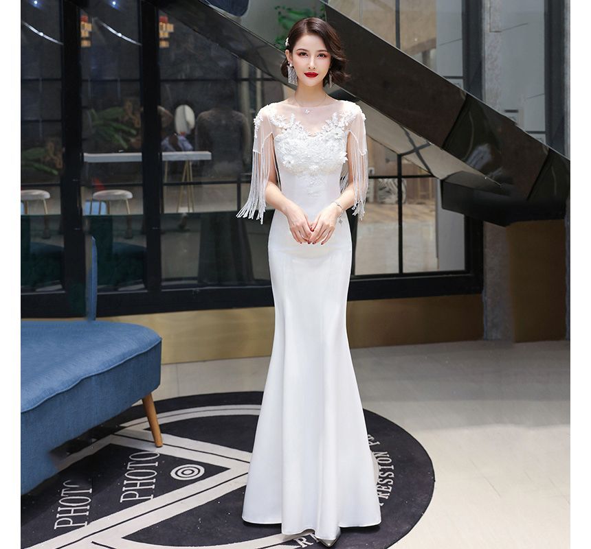 Short-Sleeve Boat Neck Plain Flower Embroidered Beaded Fringe Panel Mesh Mermaid Evening Gown
