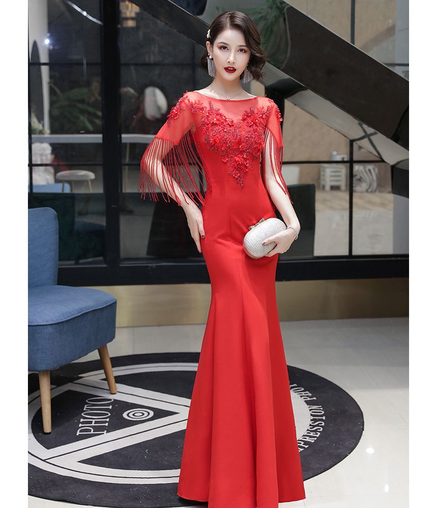 Short-Sleeve Boat Neck Plain Flower Embroidered Beaded Fringe Panel Mesh Mermaid Evening Gown