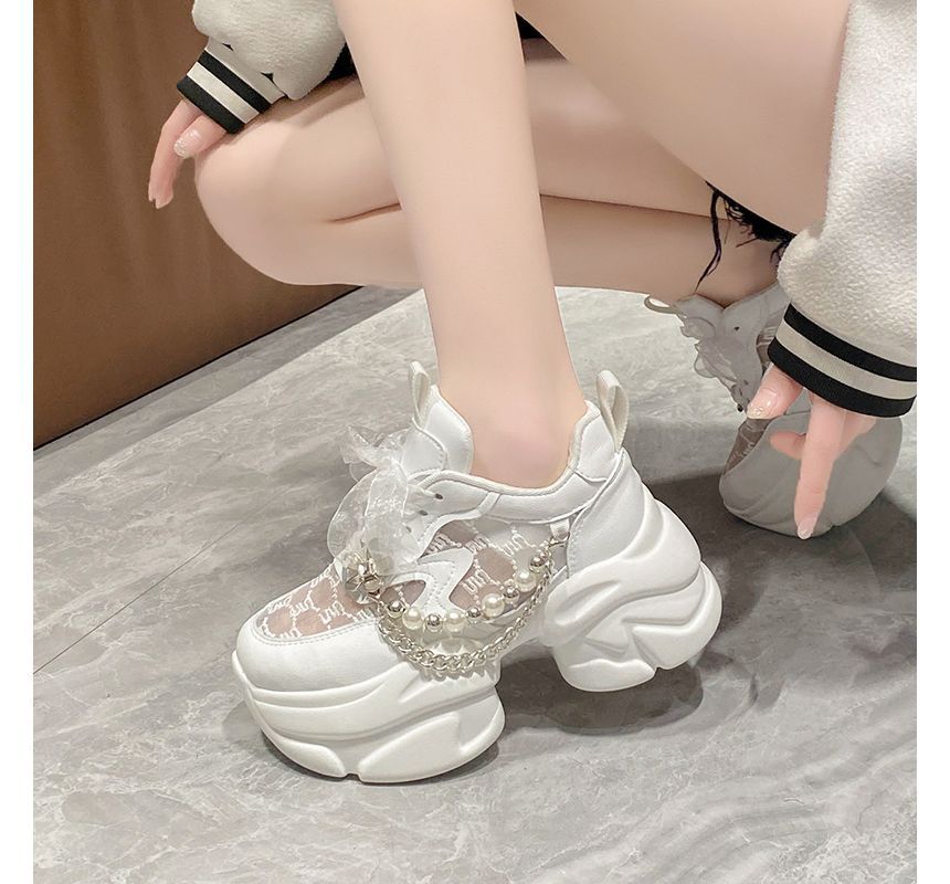 Lace-Up Faux Lace Panel Pattered Sneakers Pearl Platform