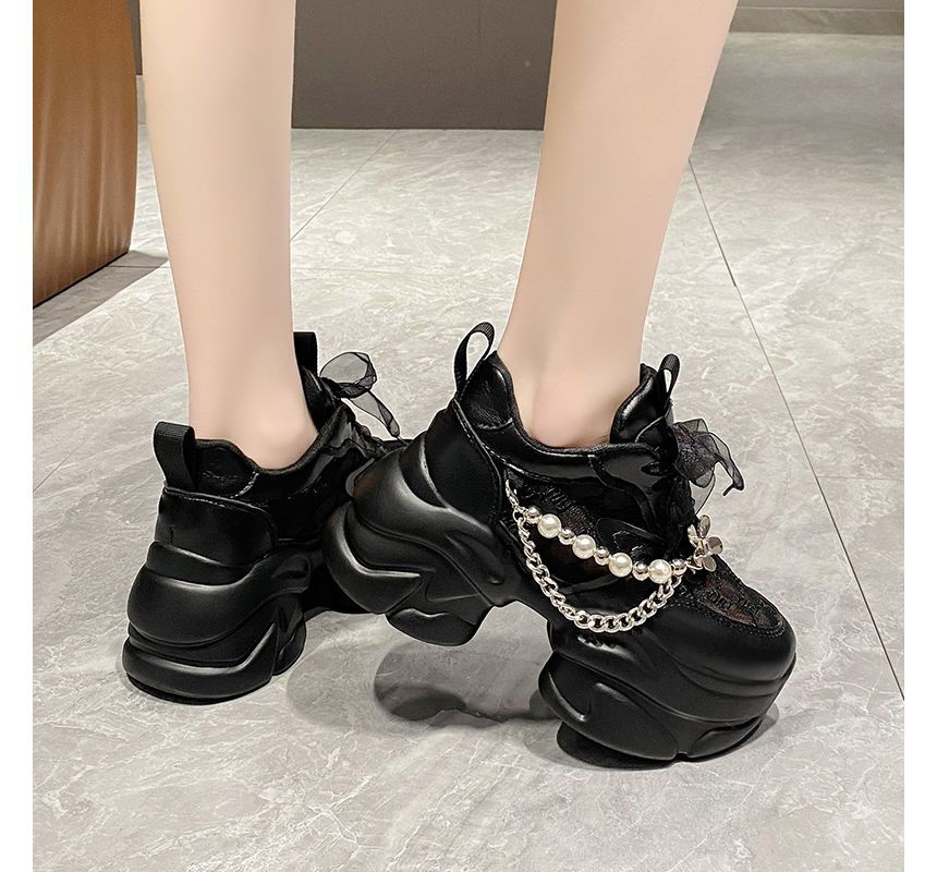 Lace-Up Faux Lace Panel Pattered Sneakers Pearl Platform