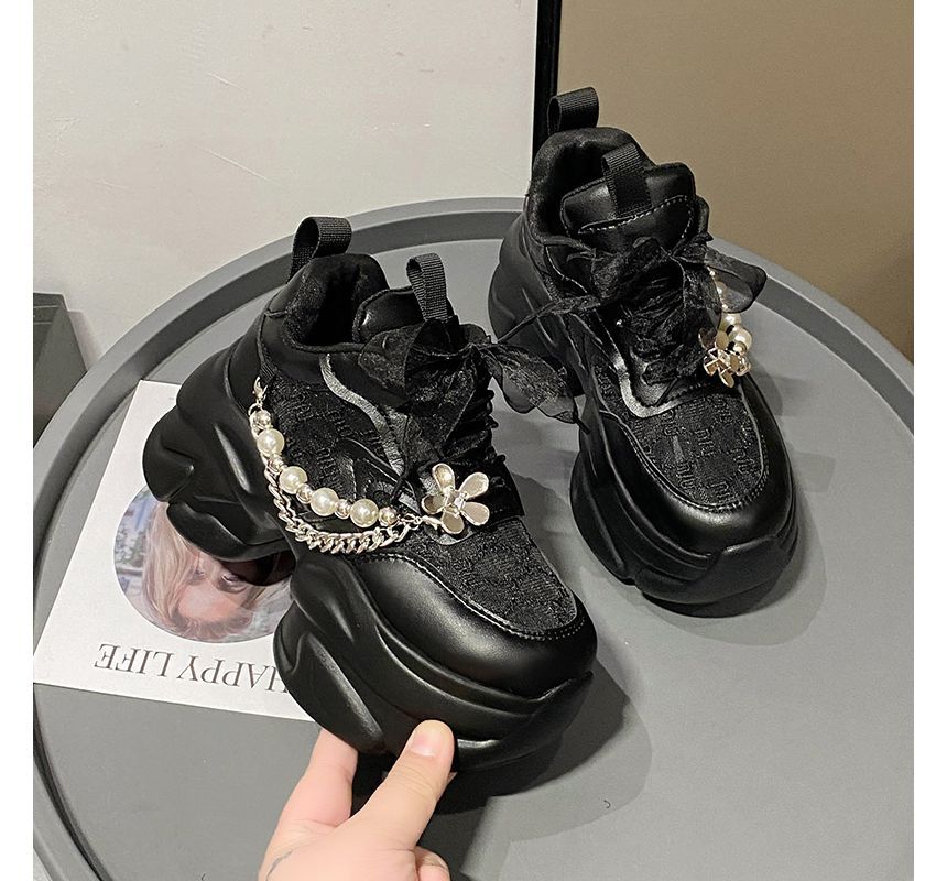 Lace-Up Faux Lace Panel Pattered Sneakers Pearl Platform