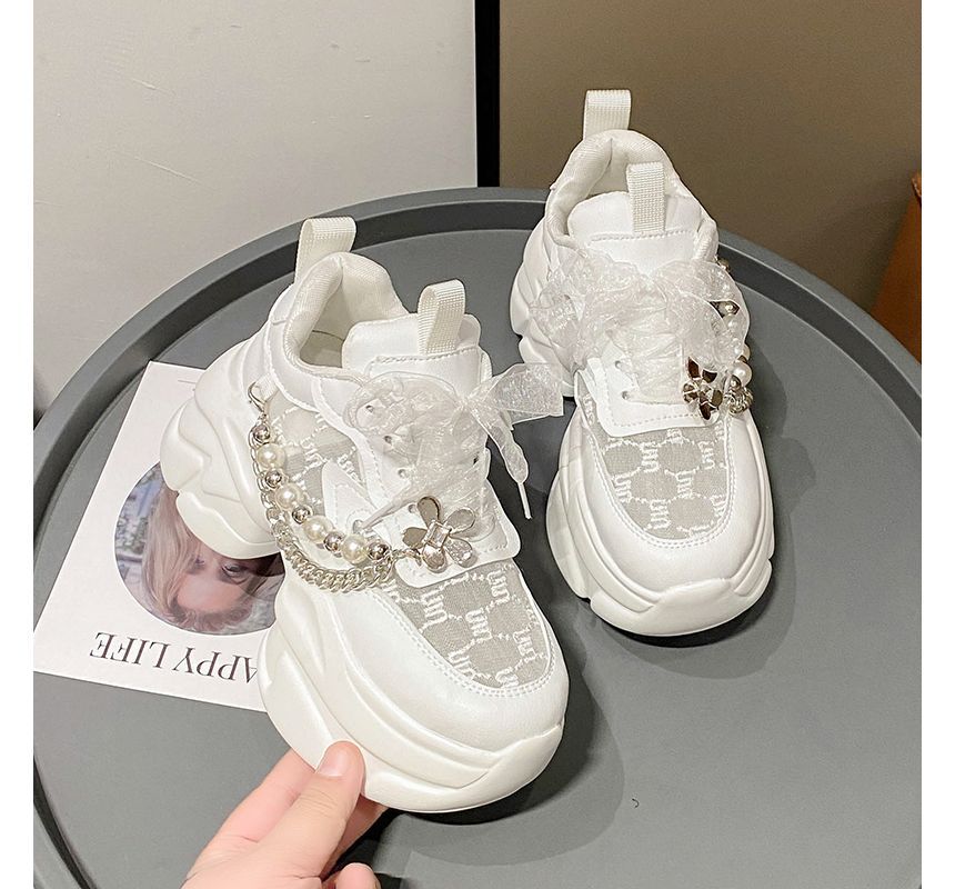 Lace-Up Faux Lace Panel Pattered Sneakers Pearl Platform