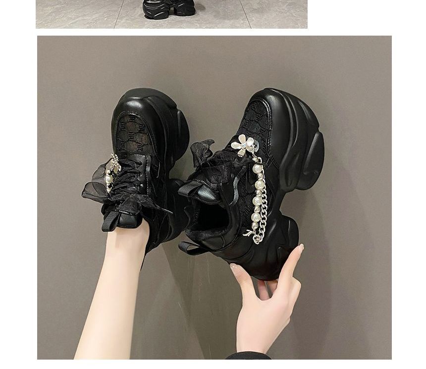 Lace-Up Faux Lace Panel Pattered Sneakers Pearl Platform