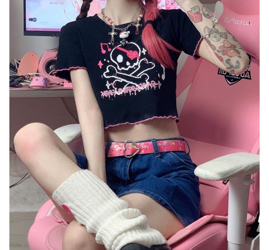 Crop Print Short-Sleeve Skull Neck Crew Trim Contrast Tee