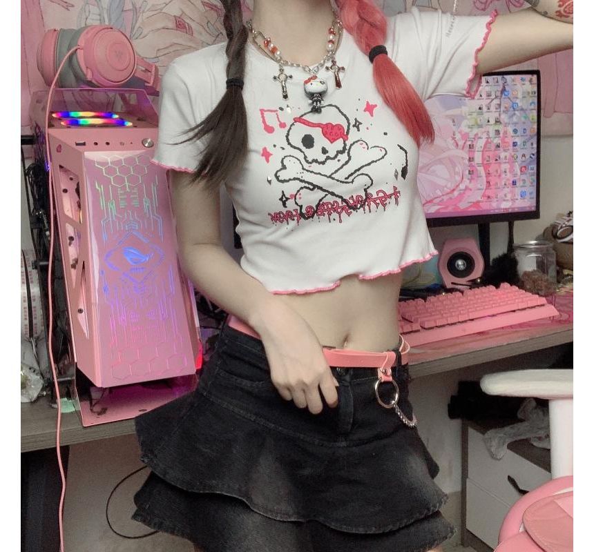 Crop Print Short-Sleeve Skull Neck Crew Trim Contrast Tee