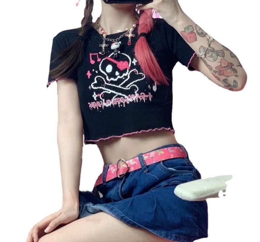 Crop Print Short-Sleeve Skull Neck Crew Trim Contrast Tee