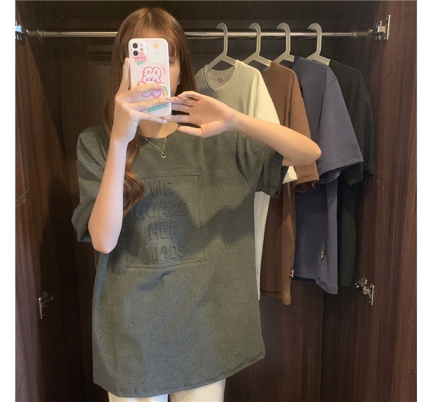 Embossed Tee Oversized Crew Elbow-Sleeve Lettering Plain Neck