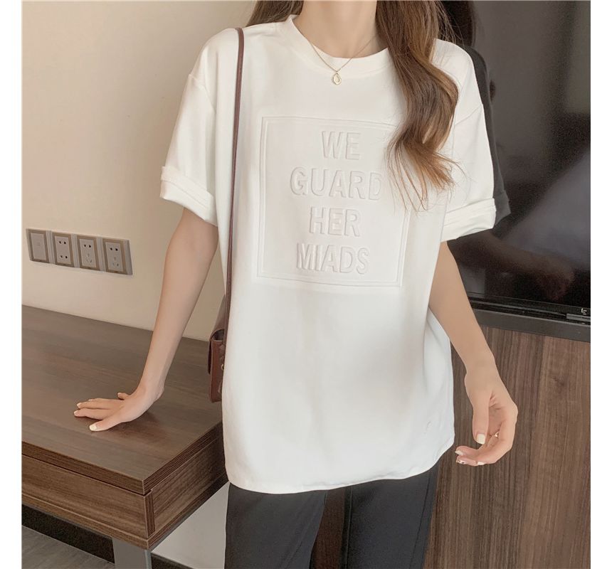 Embossed Tee Oversized Crew Elbow-Sleeve Lettering Plain Neck