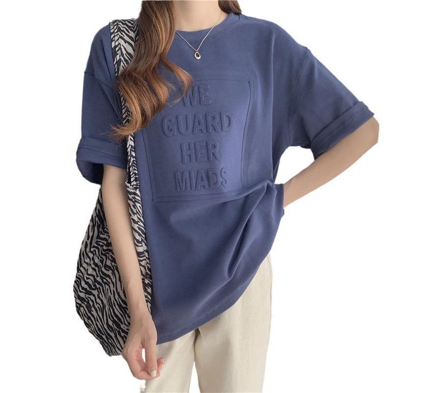 Embossed Tee Oversized Crew Elbow-Sleeve Lettering Plain Neck