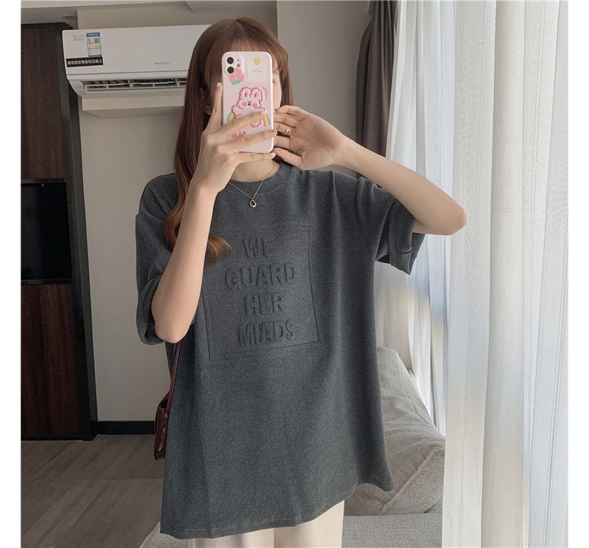 Embossed Tee Oversized Crew Elbow-Sleeve Lettering Plain Neck