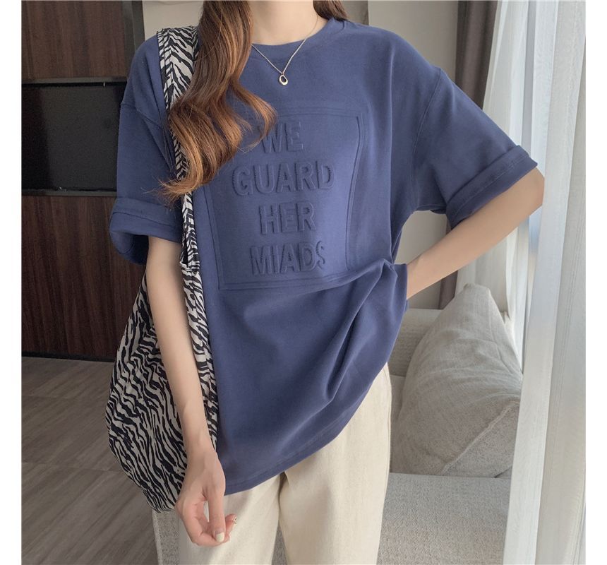 Embossed Tee Oversized Crew Elbow-Sleeve Lettering Plain Neck