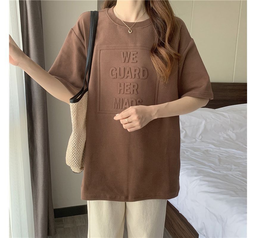 Embossed Tee Oversized Crew Elbow-Sleeve Lettering Plain Neck