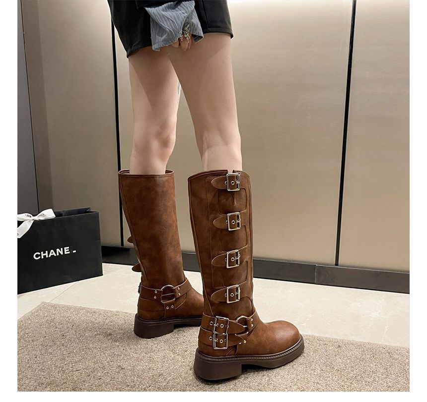 Faux Leather Buckled Tall Boots