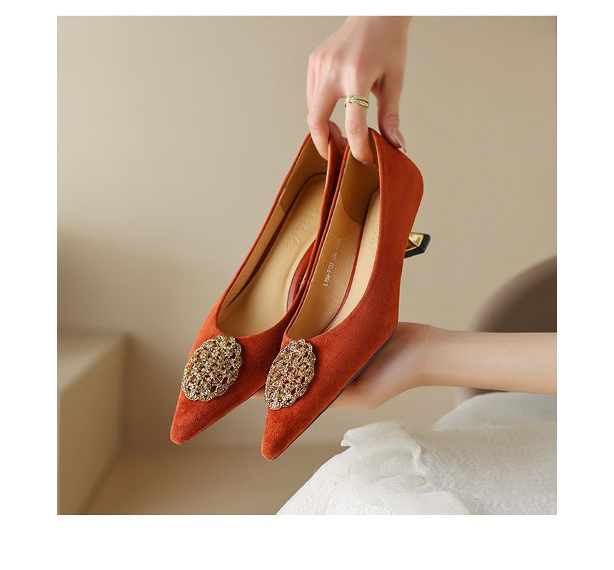 Kitten-Heel Pointed Rhinestone Pumps