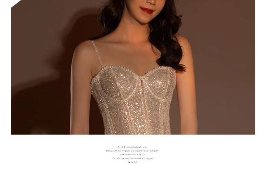 Spaghetti Strap Sweetheart Neckline Glitter Trained A-Line Evening Gown