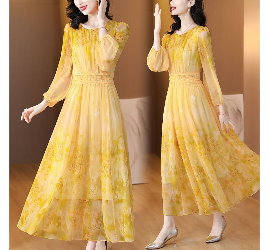 Long-Sleeve Crew Neck Print Maxi A-Line Dress