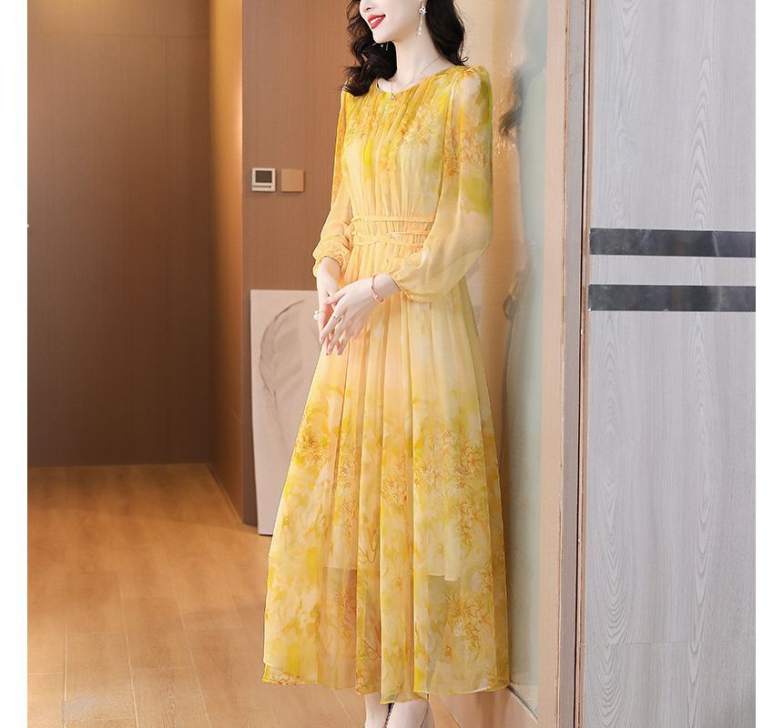 Long-Sleeve Crew Neck Print Maxi A-Line Dress