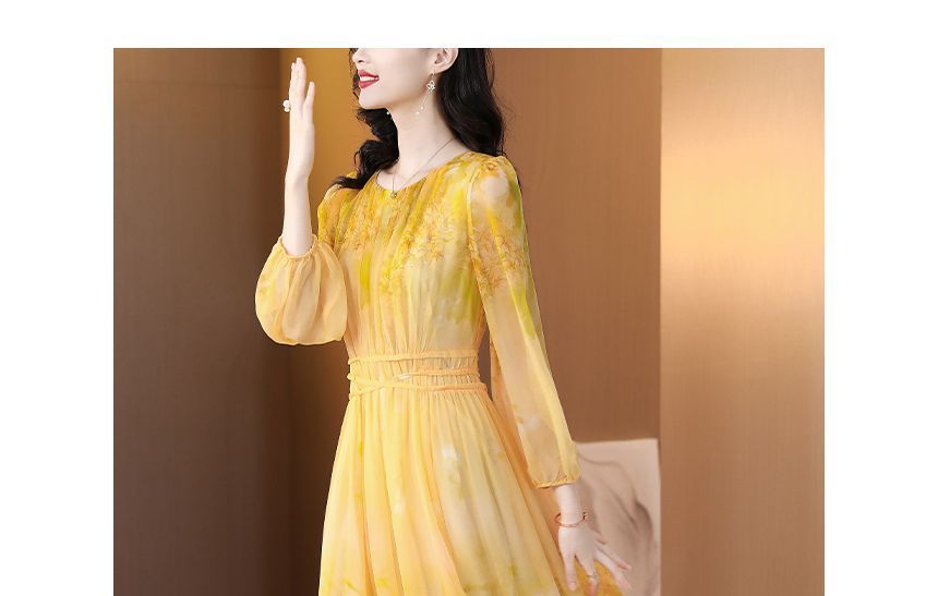 Long-Sleeve Crew Neck Print Maxi A-Line Dress