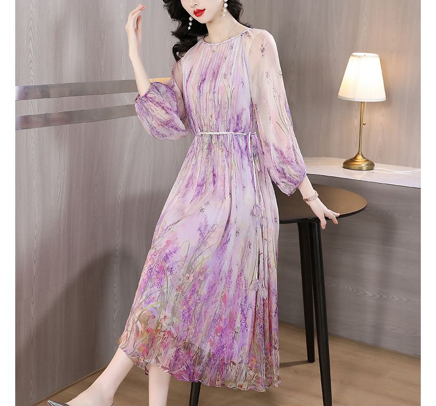 Long-Sleeve Crew Neck Floral Print Midi A-Line Dress