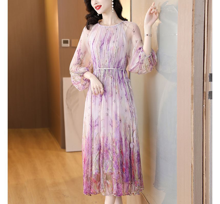 Long-Sleeve Crew Neck Floral Print Midi A-Line Dress