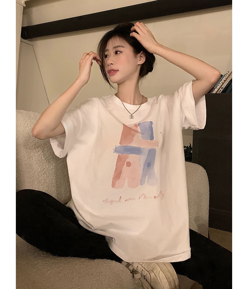 T-Shirt Print Neck Illustration Crew Elbow-Sleeve