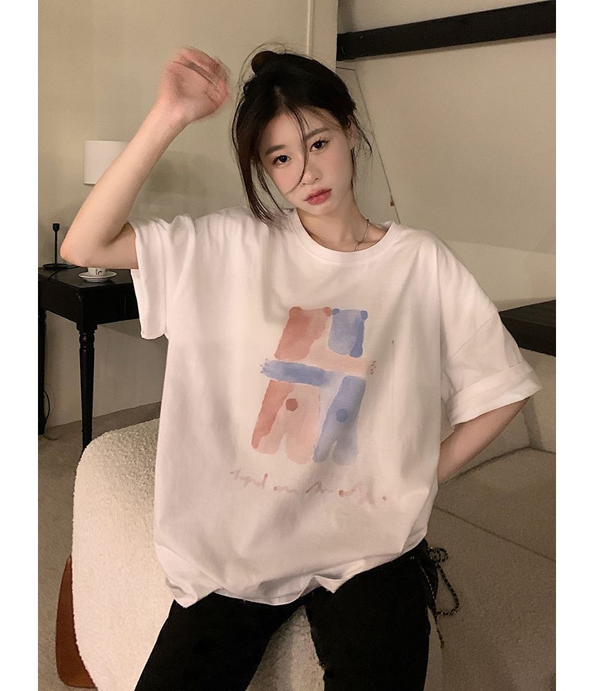 T-Shirt Print Neck Illustration Crew Elbow-Sleeve