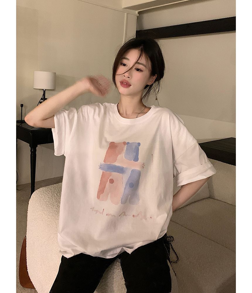 T-Shirt Print Neck Illustration Crew Elbow-Sleeve