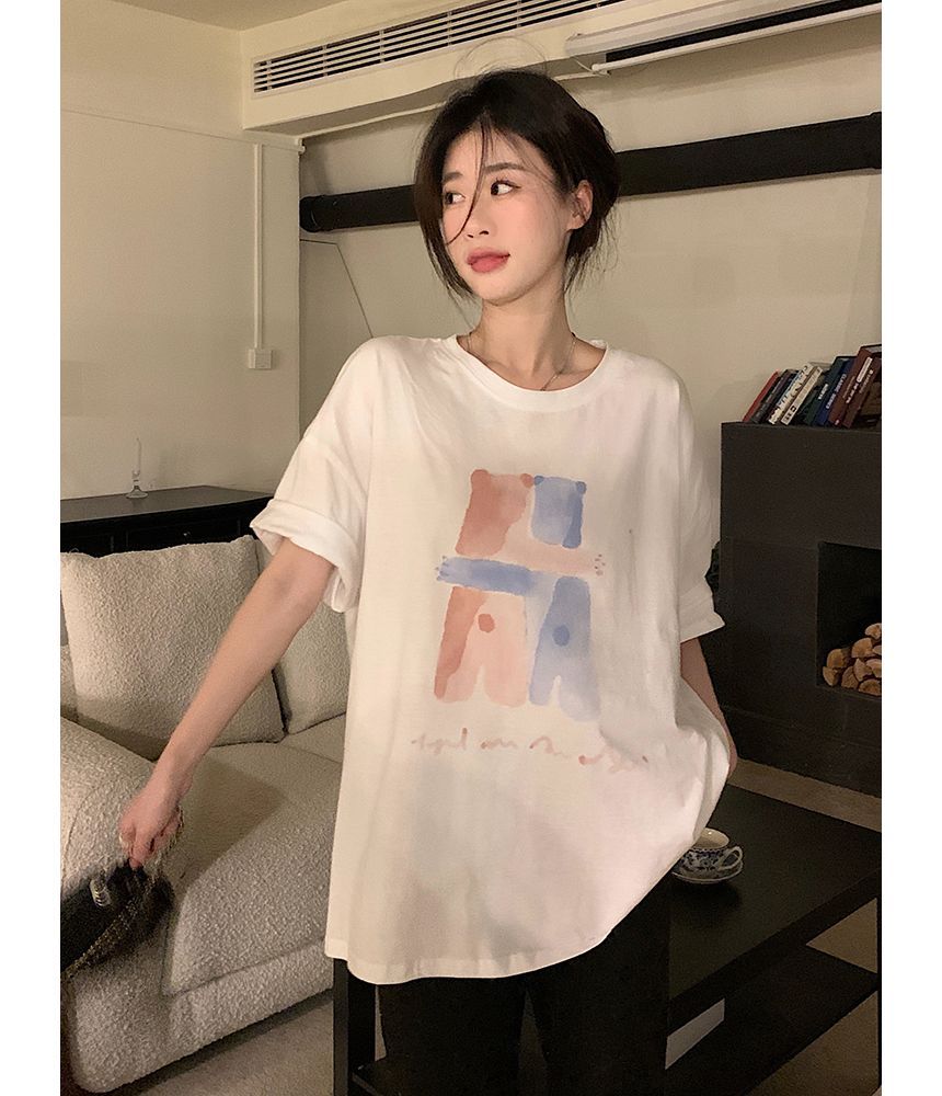 T-Shirt Print Neck Illustration Crew Elbow-Sleeve
