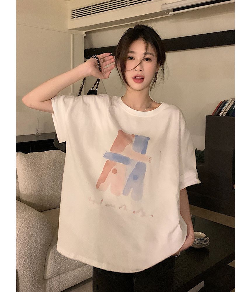 T-Shirt Print Neck Illustration Crew Elbow-Sleeve