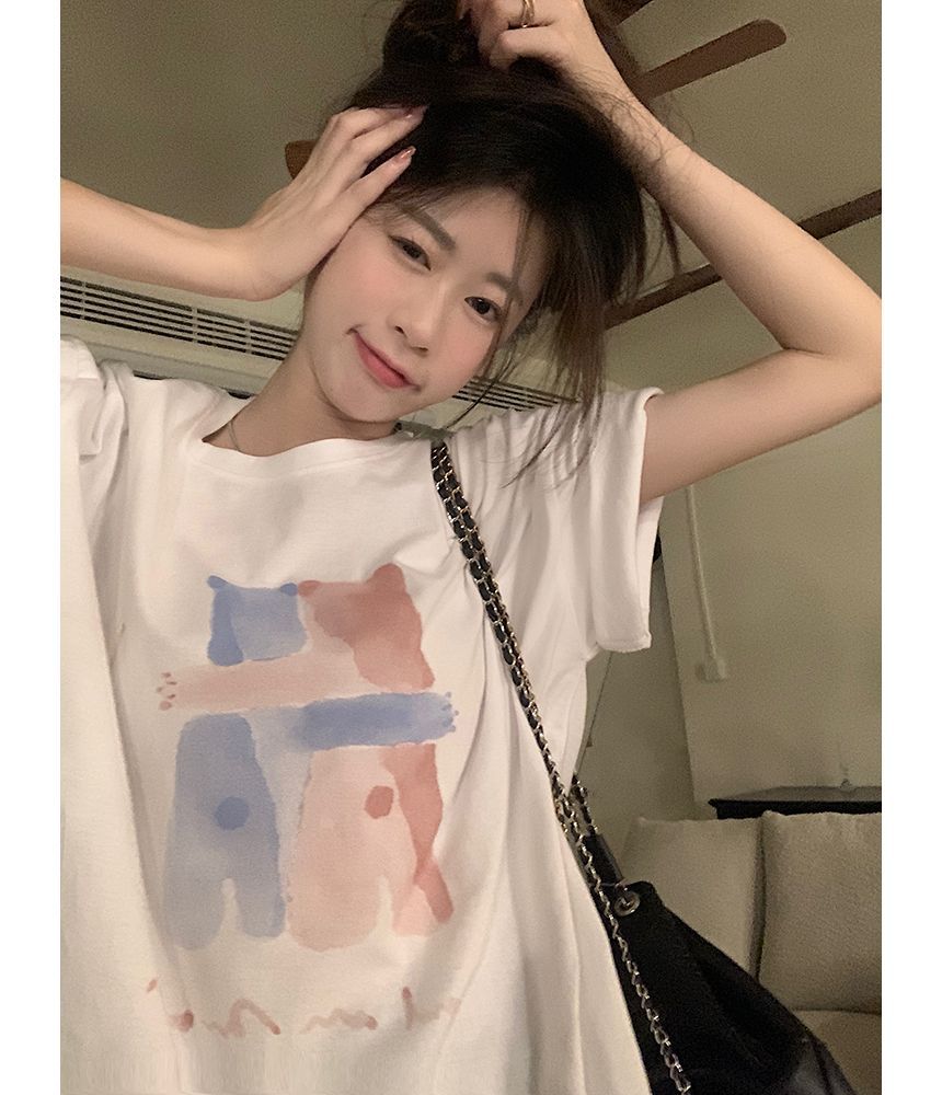 T-Shirt Print Neck Illustration Crew Elbow-Sleeve