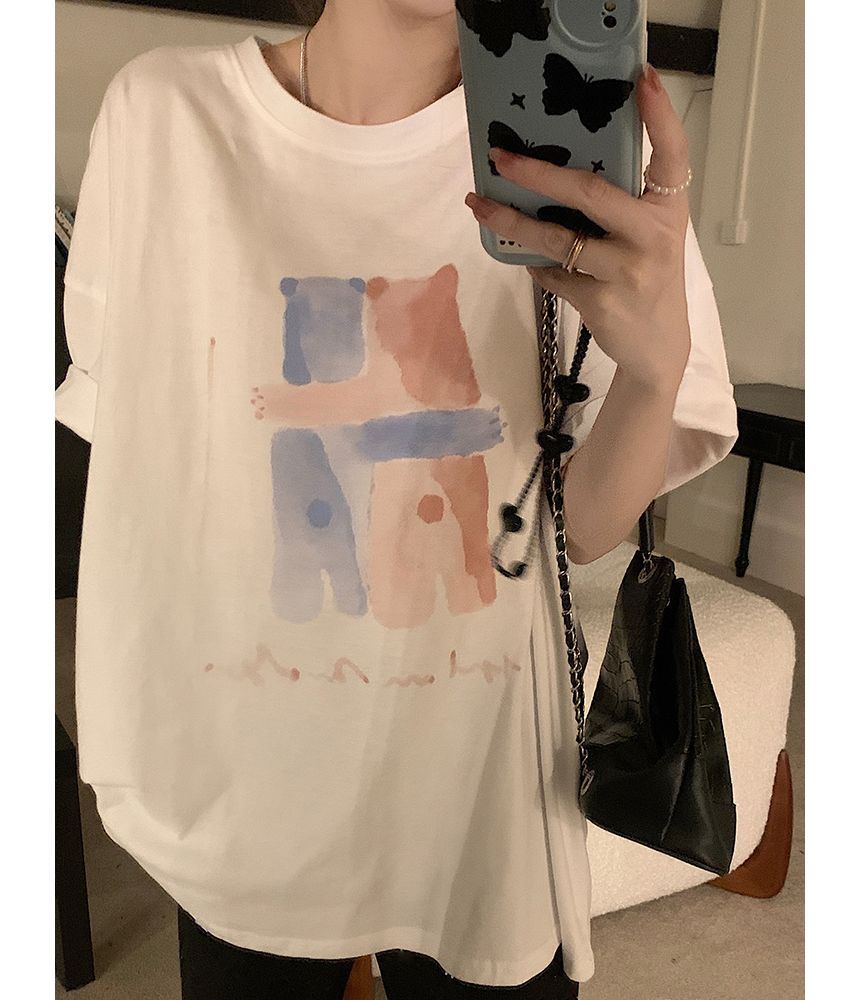 T-Shirt Print Neck Illustration Crew Elbow-Sleeve