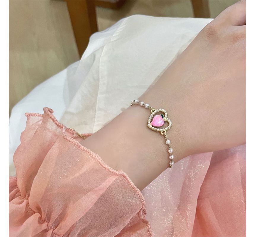 Peach Faux Heart Pearl Bracelet