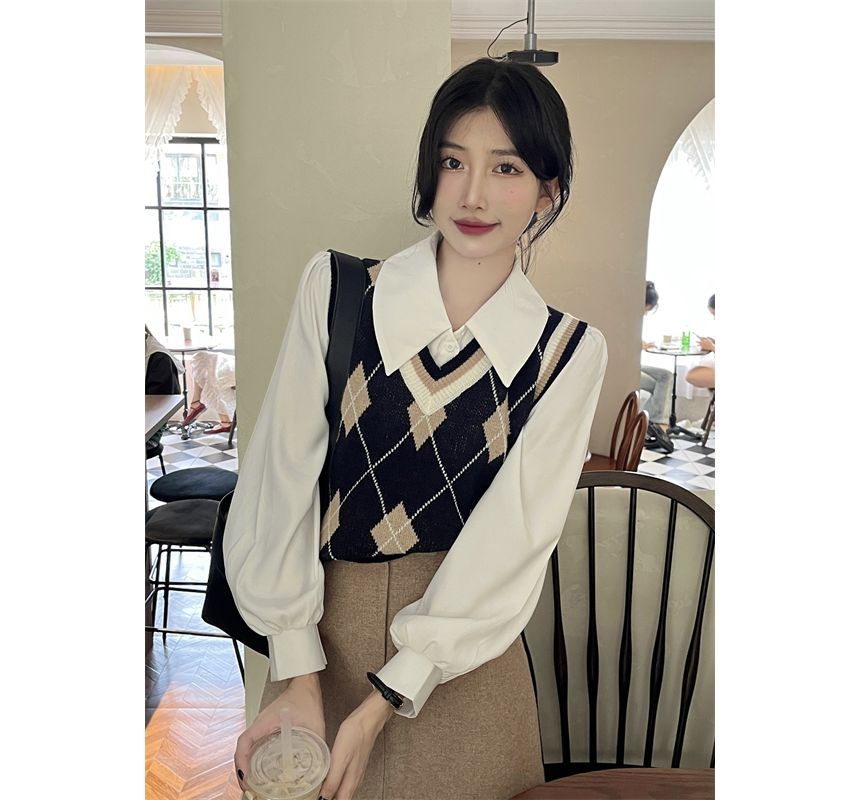 Plain Shirt Sweater Vest Puff-Sleeve Argyle / V-Neck