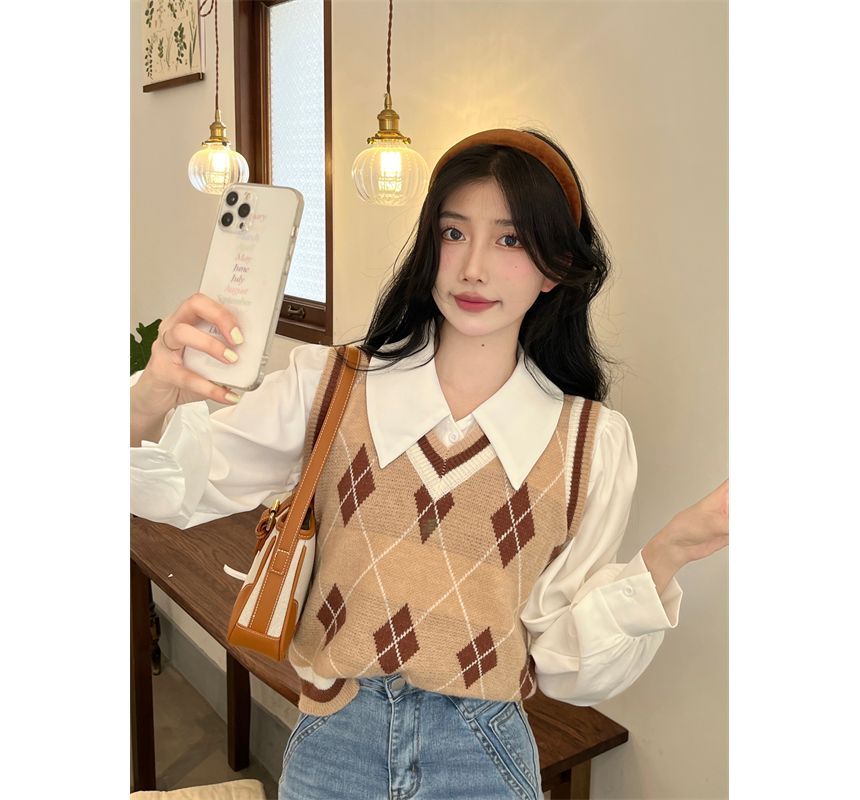 Plain Shirt Sweater Vest Puff-Sleeve Argyle / V-Neck